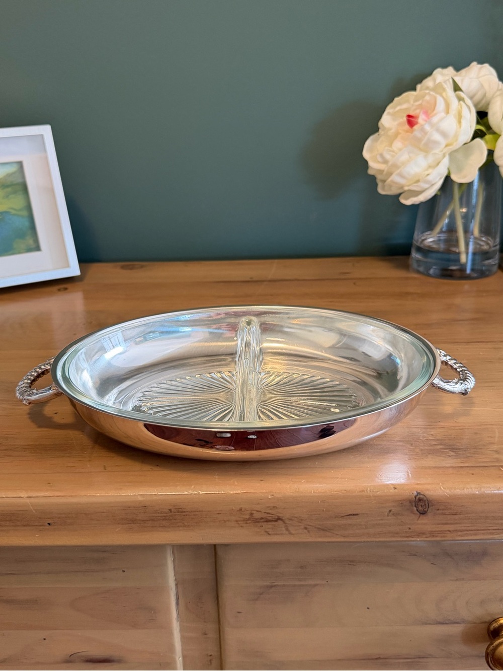 Vintage Silver Plate Relish Tray w/ Divided Glass Insert Handles